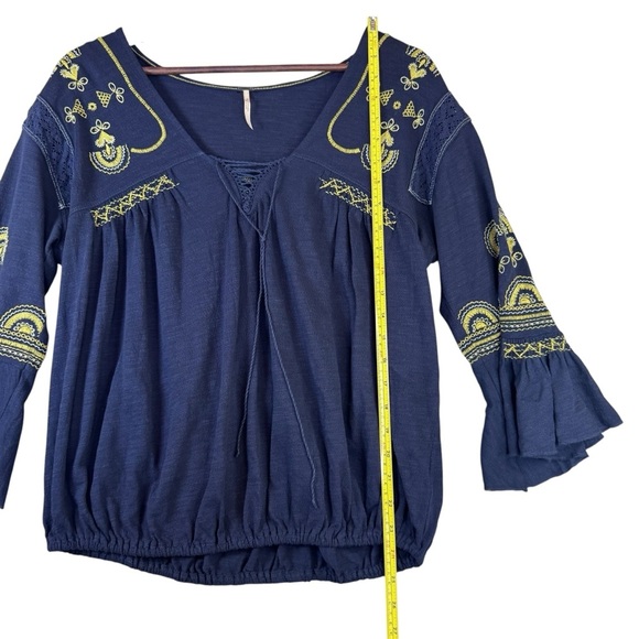 Free People Navy Blue Boho Yellow Embroidered Blouse - Picture 3 of 13